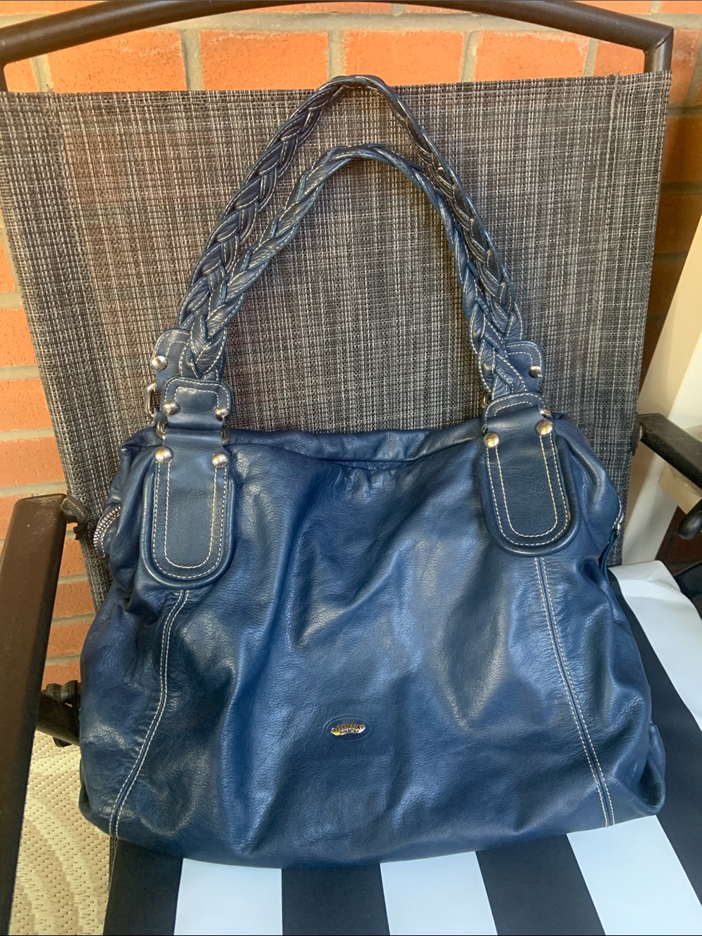 Braided-Handle Navy Leather Shoulder Bag